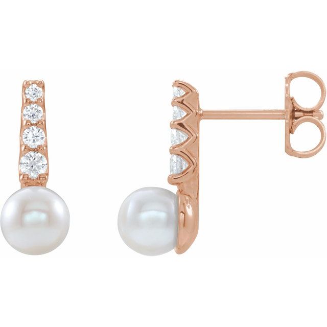 14K Rose Freshwater Cultured Pearl & 1/6 CTW Natural Diamond Earrings