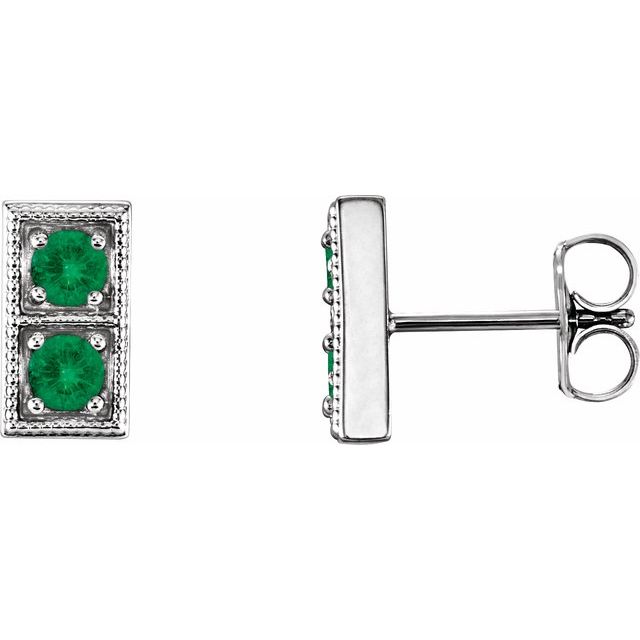 14K White Natural Emerald Two-Stone Earrings