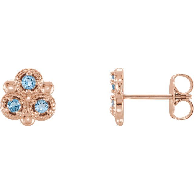 14K Rose Natural Aquamarine Three-Stone Earrings