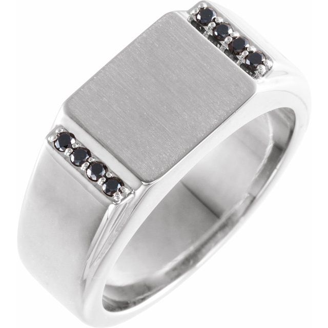 14K White 1/10 CTW Black Diamond 11.5x10 mm Rectangle Signet Ring