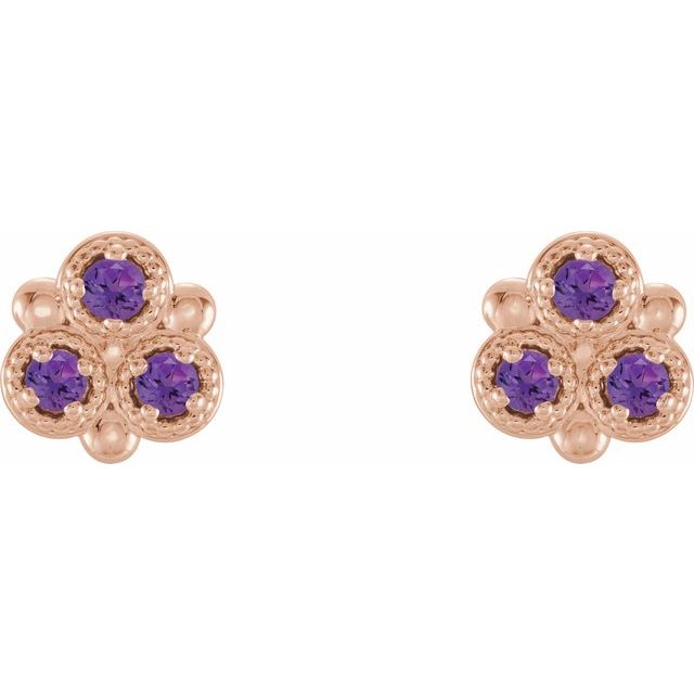 14K Rose Natural Amethyst Three-Stone Earrings