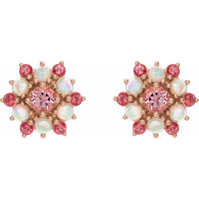 14K Rose Natural Pink Tourmaline & Natural Ethiopian Opal Cabochon Earrings