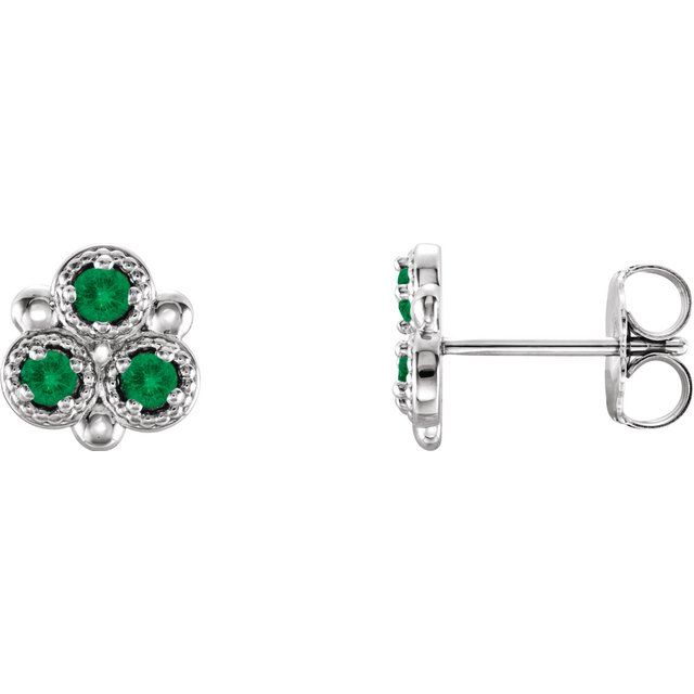 Sterling Silver Natural Emerald Three-Stone Earrings