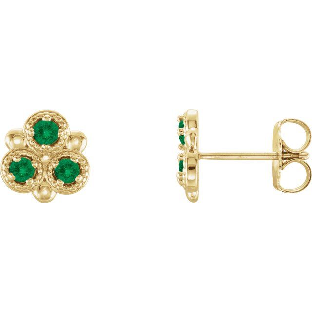 14K Yellow Lab-Grown Emerald Three-Stone Earrings