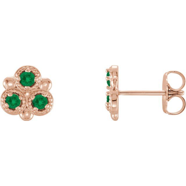 14K Rose Lab-Grown Emerald Three-Stone Earrings