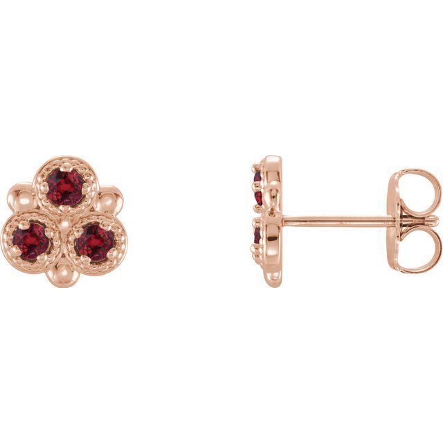 14K Rose Natural Ruby Three-Stone Earrings