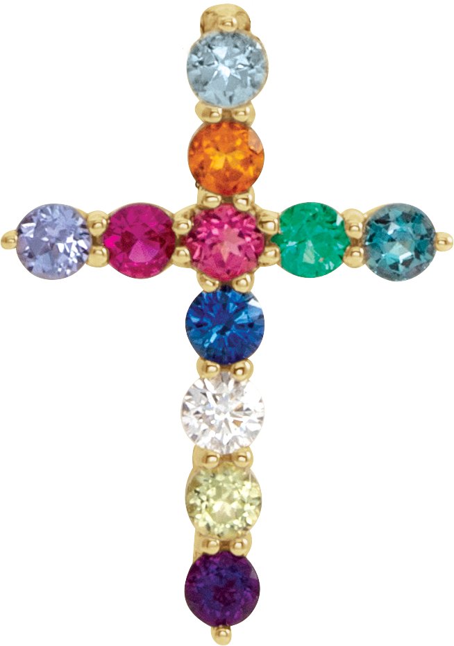 14K Yellow Natural Multi-Gemstone & .03 CT Natural Diamond Cross 16-18" Necklace