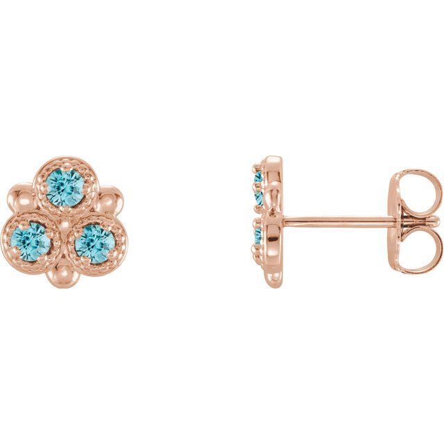 14K Rose Natural Blue Zircon Three-Stone Earrings