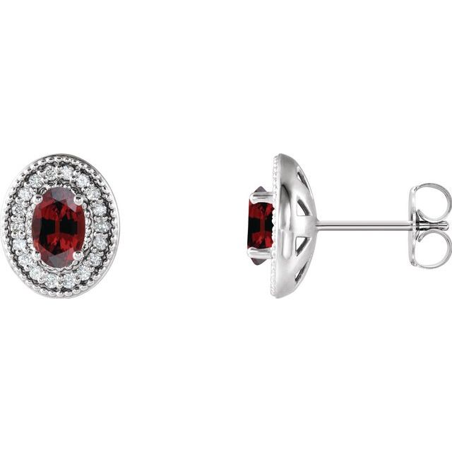 14K White 6x4 mm Natural Mozambique Garnet & 1/5 CTW Natural Diamond Halo-Style Earrings