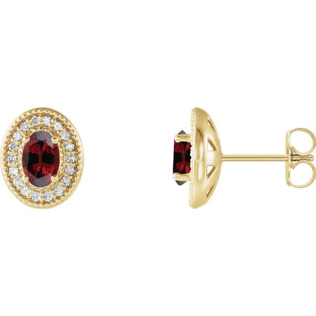 14K Yellow 7x5 mm Natural Mozambique Garnet & 1/5 CTW Natural Diamond Halo-Style Earrings