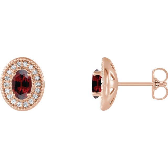 14K Rose 6x4 mm Natural Mozambique Garnet & 1/5 CTW Natural Diamond Halo-Style Earrings