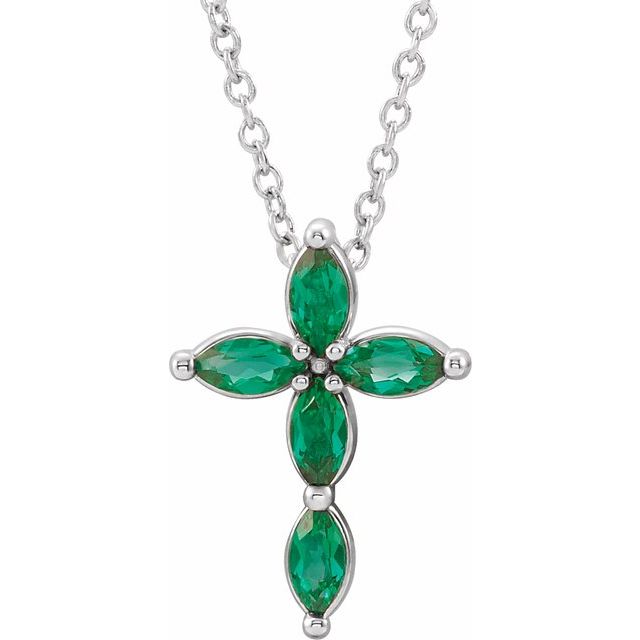 Sterling Silver Natural Emerald Cross 16-18