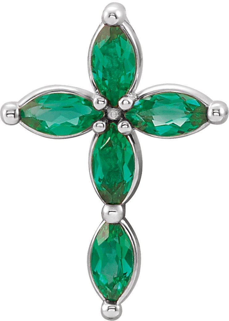 14K White Lab-Grown Emerald Cross Pendant