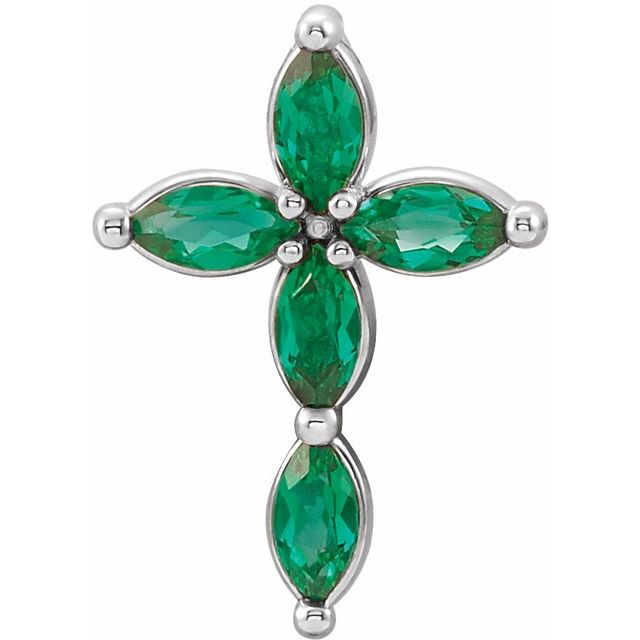 14K White Lab-Grown Emerald Cross Pendant