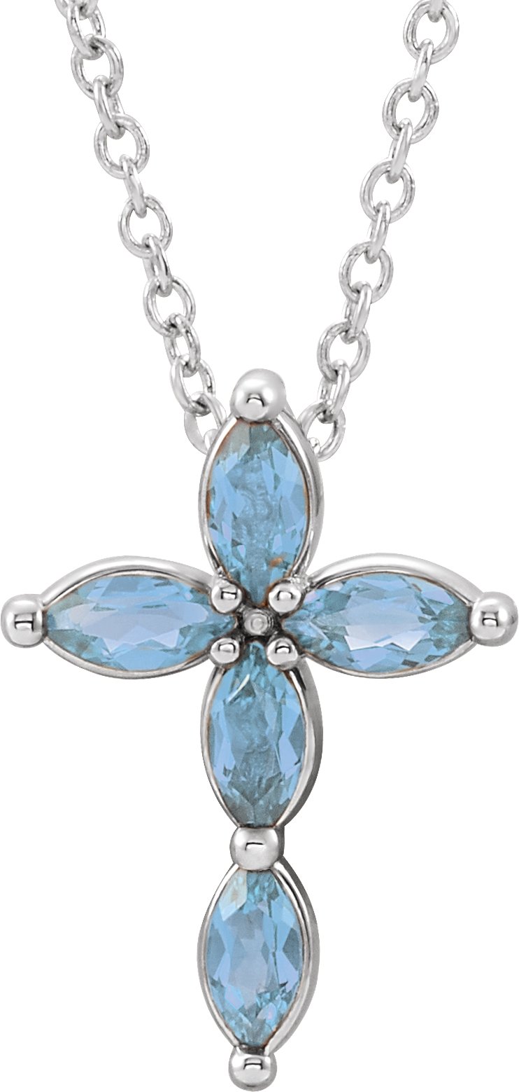 14K White Natural Aquamarine Cross 16-18 Necklace