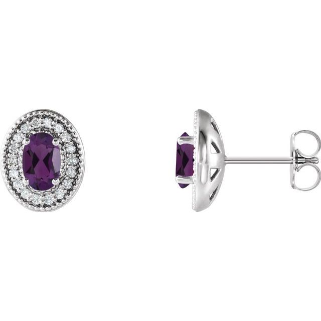 14K White 7x5 mm Natural Amethyst & 1/5 CTW Natural Diamond Halo-Style Earrings