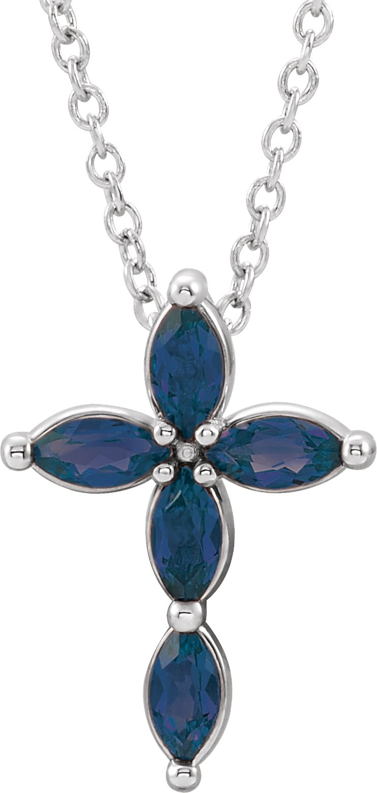 14K White Natural Blue Sapphire Cross 16-18" Necklace