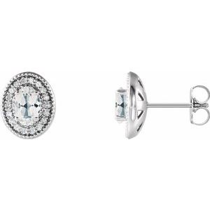 14K White 7x5 mm Natural White Sapphire & 1/5 CTW Natural Diamond Halo-Style Earrings