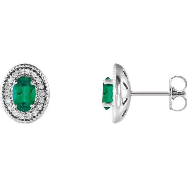14K White 6x4 mm Lab-Grown Emerald & 1/5 CTW Natural Diamond Halo-Style Earrings