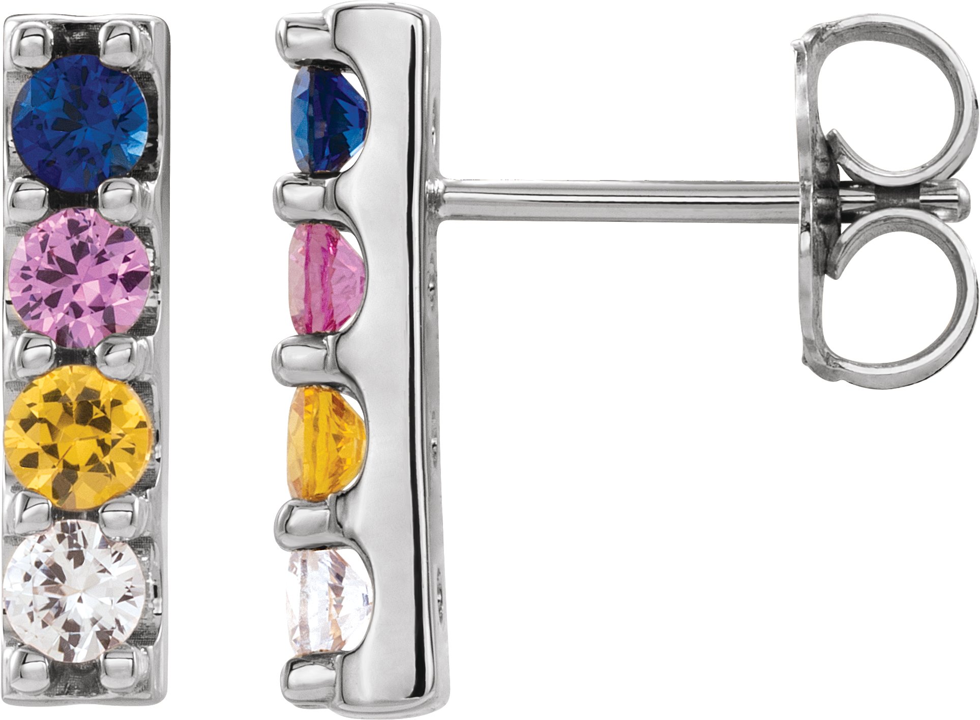 14K White Natural Multi-Gemstone Bar Earrings