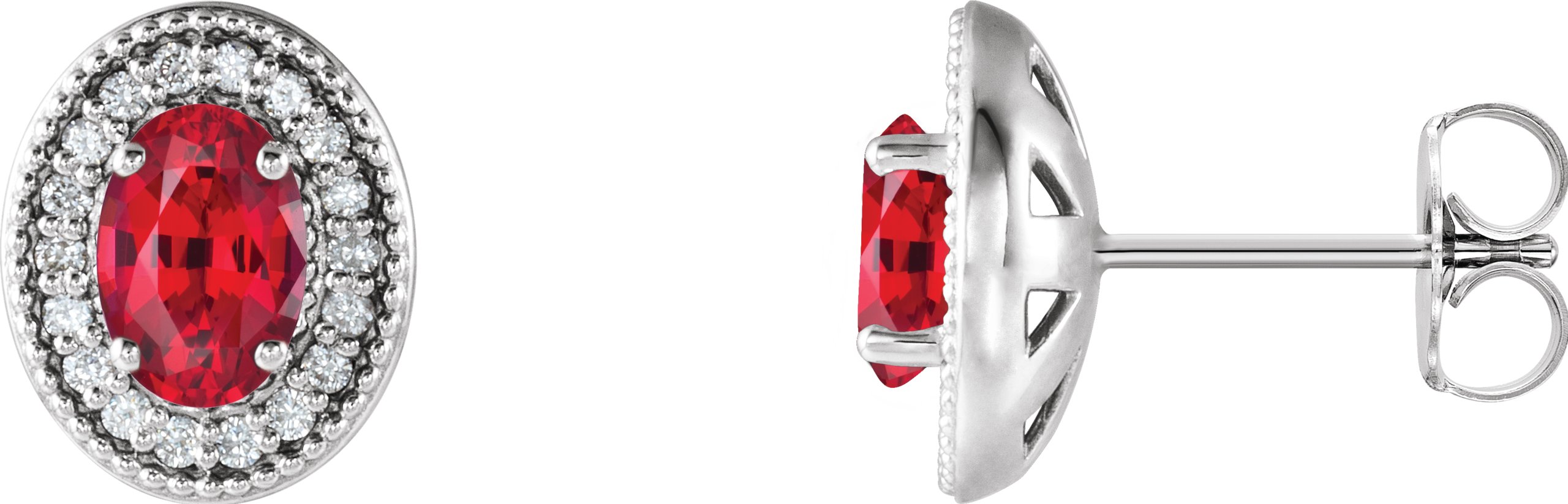 14K White 6x4 mm Lab-Grown Ruby & 1/5 CTW Natural Diamond Halo-Style Earrings