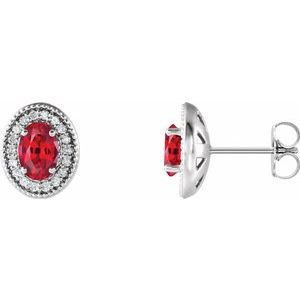 14K White 6x4 mm Lab-Grown Ruby & 1/5 CTW Natural Diamond Halo-Style Earrings