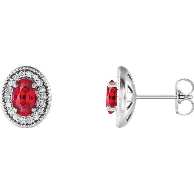 Platinum 7x5 mm Lab-Grown Ruby & 1/5 CTW Natural Diamond Halo-Style Earrings
