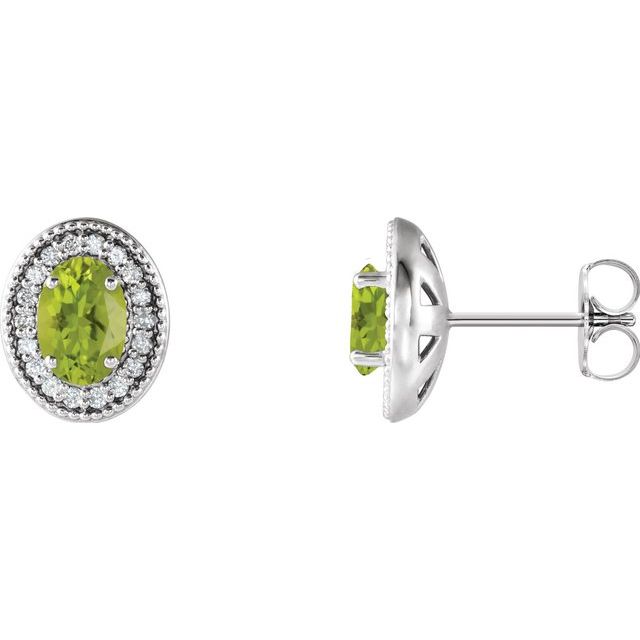 Sterling Silver 6x4 mm Natural Peridot & 1/5 CTW Natural Diamond Halo-Style Earrings