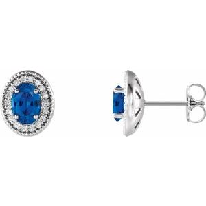 14K White 6x4 mm Lab-Grown Blue Sapphire & 1/5 CTW Natural Diamond Halo-Style Earrings
