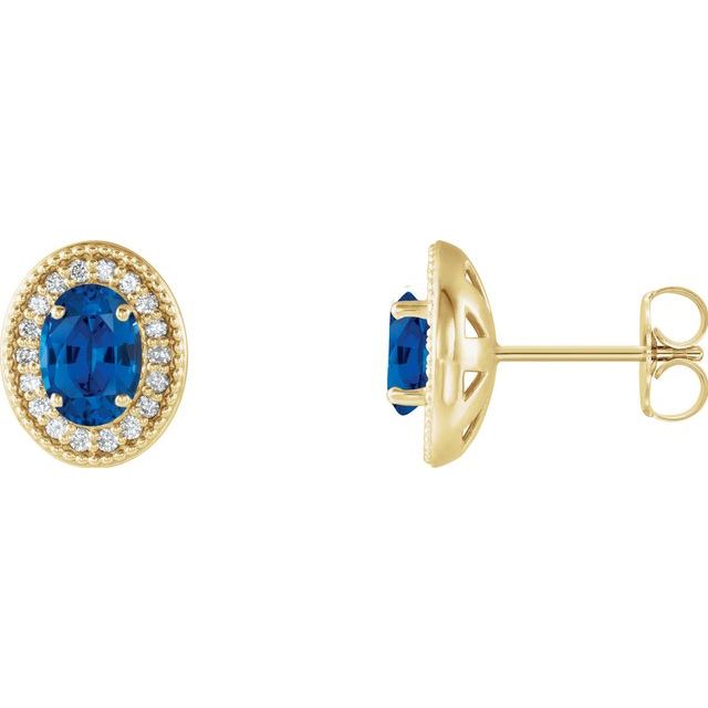 14K Yellow 6x4 mm Lab-Grown Blue Sapphire & 1/5 CTW Natural Diamond Halo-Style Earrings
