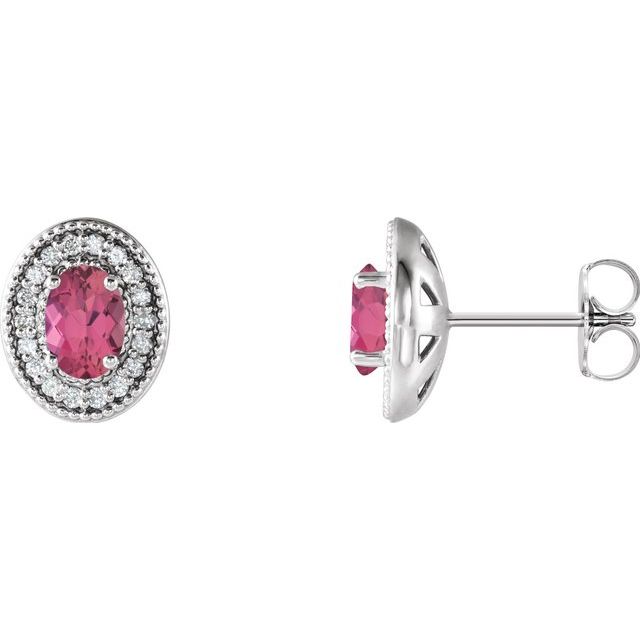 Sterling Silver 6x4 mm Natural Pink Tourmaline & 1/5 CTW Natural Diamond Halo-Style Earrings