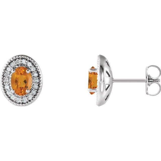 Sterling Silver 6x4 mm Natural Citrine & 1/5 CTW Natural Diamond Halo-Style Earrings