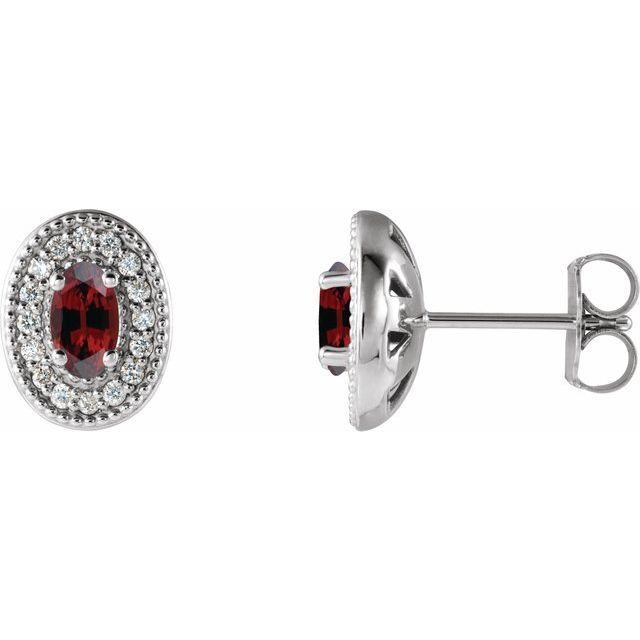 Sterling Silver 5x3 mm Natural Mozambique Garnet & 1/8 CTW Natural Diamond Halo-Style Earrings