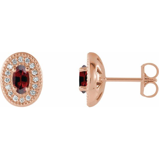 14K Rose 5x3 mm Natural Mozambique Garnet & 1/8 CTW Natural Diamond Halo-Style Earrings