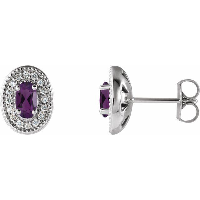 Sterling Silver 5x3 mm Natural Amethyst & 1/8 CTW Natural Diamond Halo-Style Earrings                           