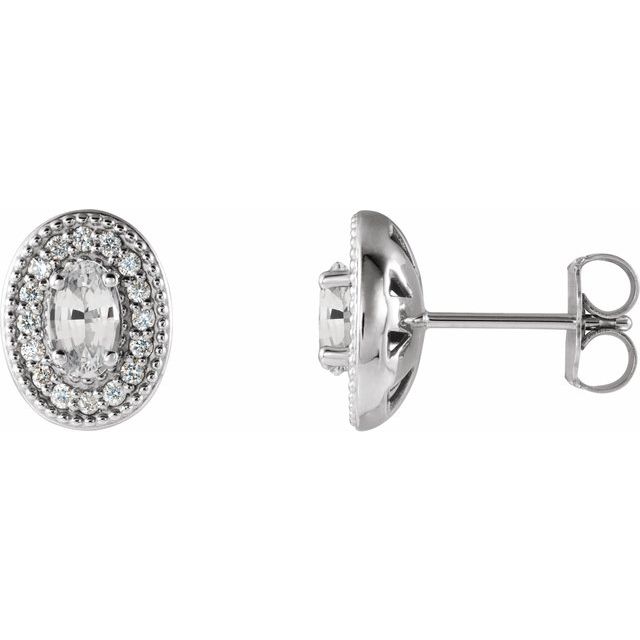 Platinum 5x3 mm Natural White Sapphire & 1/8 CTW Natural Diamond Halo-Style Earrings