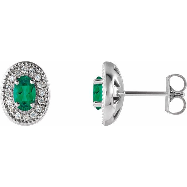 14K White 5x3 mm Lab-Grown Emerald & 1/8 CTW Natural Diamond Halo-Style Earrings