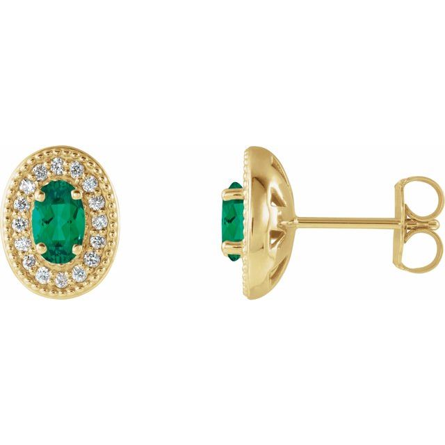 14K Yellow 5x3 mm Lab-Grown Emerald & 1/8 CTW Natural Diamond Halo-Style Earrings