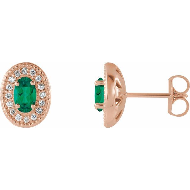 14K Rose 5x3 mm Natural Emerald & 1/8 CTW Natural Diamond Halo-Style Earrings