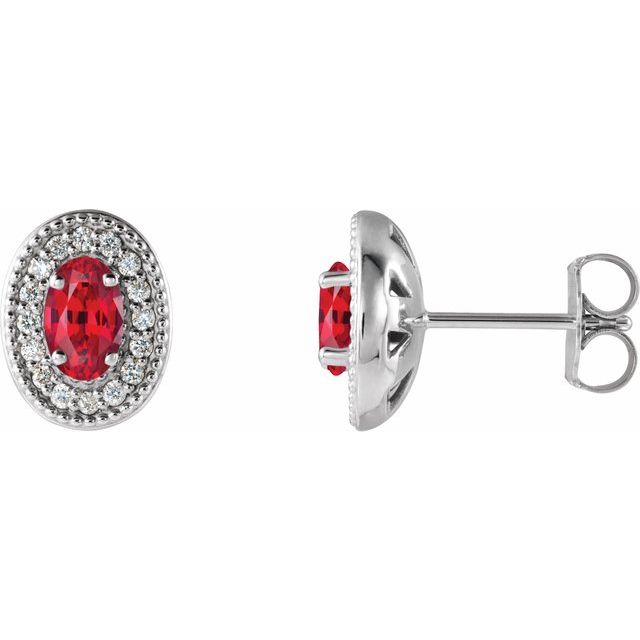 Sterling Silver 5x3 mm Lab-Grown Ruby & 1/8 CTW Natural Diamond Halo-Style Earrings
