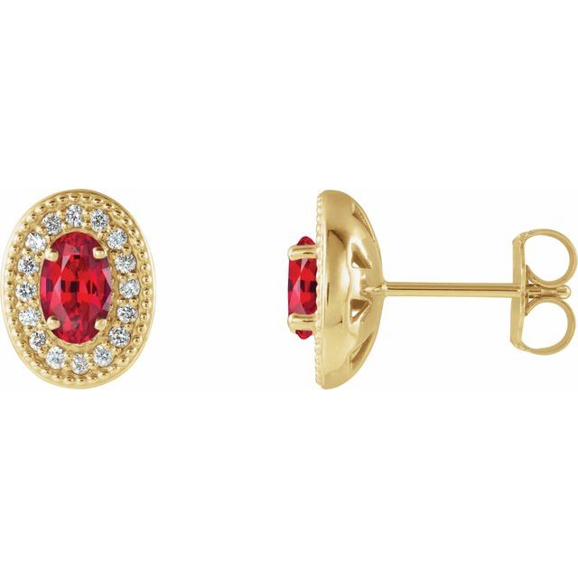 14K Yellow 5x3 mm Lab-Grown Ruby & 1/8 CTW Natural Diamond Halo-Style Earrings