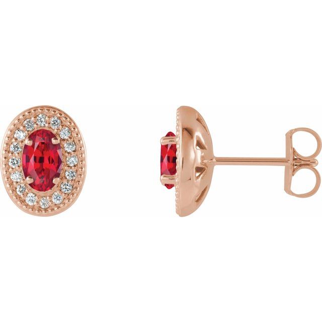 14K Rose 5x3 mm Lab-Grown Ruby & 1/8 CTW Natural Diamond Halo-Style Earrings