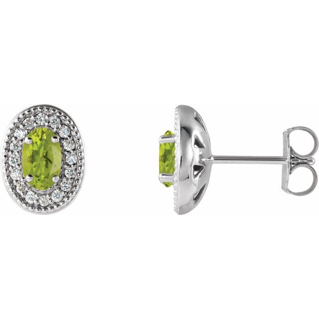 Sterling Silver 5x3 mm Natural Peridot & 1/8 CTW Natural Diamond Halo-Style Earrings