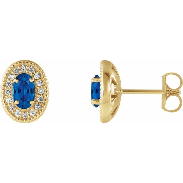 14K Yellow 5x3 mm Lab-Grown Blue Sapphire & 1/8 CTW Natural Diamond Halo-Style Earrings