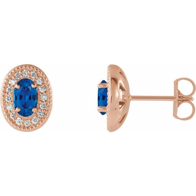 14K Rose 5x3 mm Lab-Grown Blue Sapphire & 1/8 CTW Natural Diamond Halo-Style Earrings