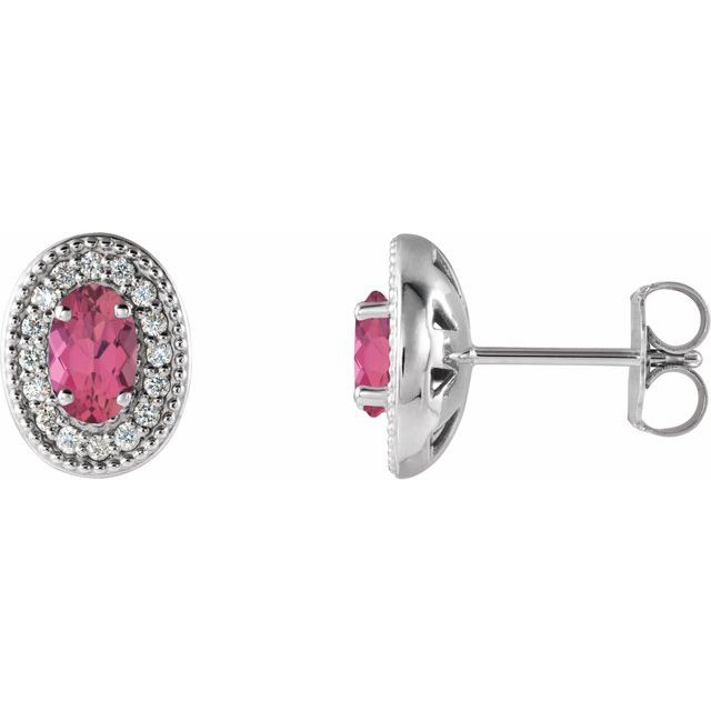 Sterling Silver 7x5 mm Natural Pink Tourmaline & 1/5 CTW Natural Diamond Halo-Style Earrings