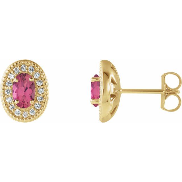 14K Yellow 7x5 mm Natural Pink Tourmaline & 1/5 CTW Natural Diamond Halo-Style Earrings