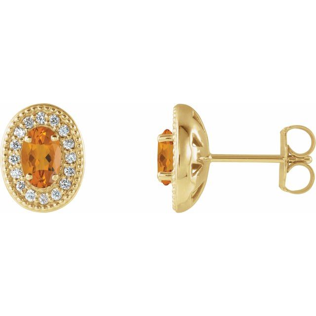 14K Yellow 5x3 mm Natural Citrine & 1/8 CTW Natural Diamond Halo-Style Earrings