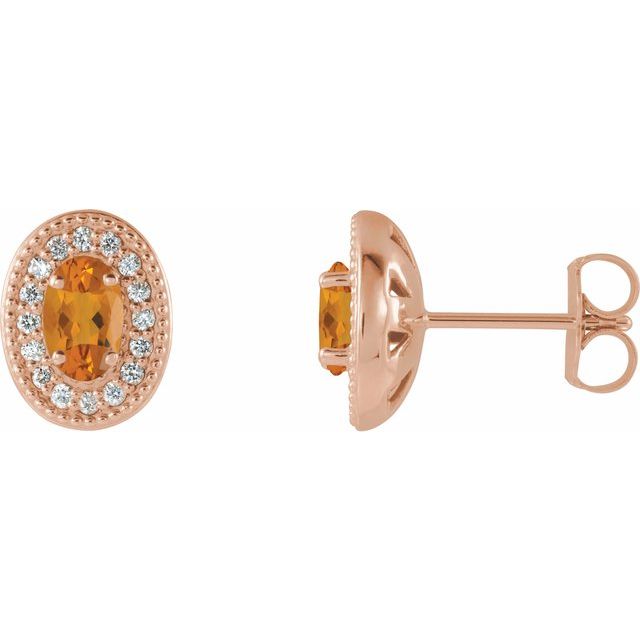 14K Rose 5x3 mm Natural Citrine & 1/8 CTW Natural Diamond Halo-Style Earrings