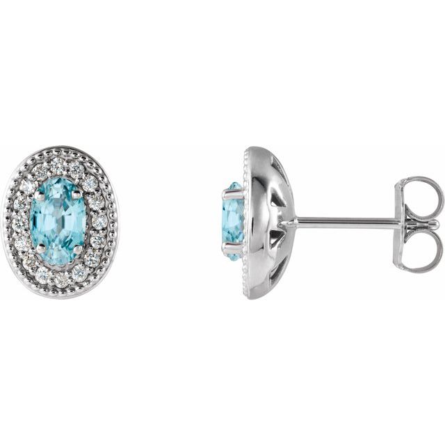 Platinum 5x3 mm Natural Blue Zircon & 1/8 CTW Natural Diamond Halo-Style Earrings